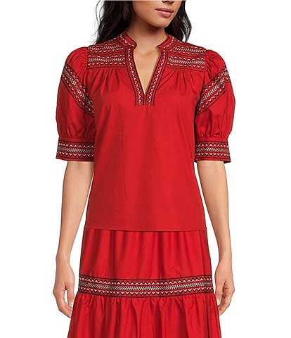 A Loves A Woven Embroidered Trim Split V-Neck Short Puffed Sleeve Coordinating Top