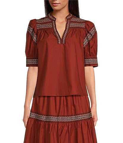 A Loves A Woven Embroidered Trim Split V-Neck Short Puffed Sleeve Coordinating Top