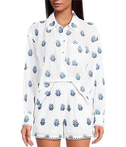 A Loves A Woven Floral Embroidered Point Collar Button Front Long Sleeve Coordinating Shirt