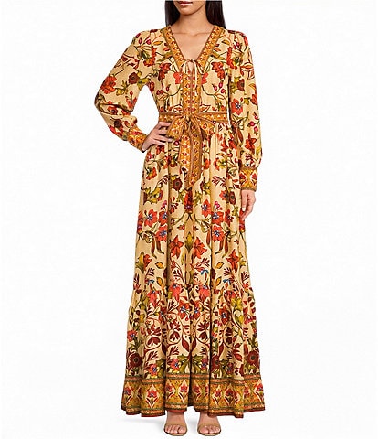 A Loves A Woven Floral Print Deep V-Neck Long Bubble Sleeve Tiered A-Line Flounce Maxi Dress