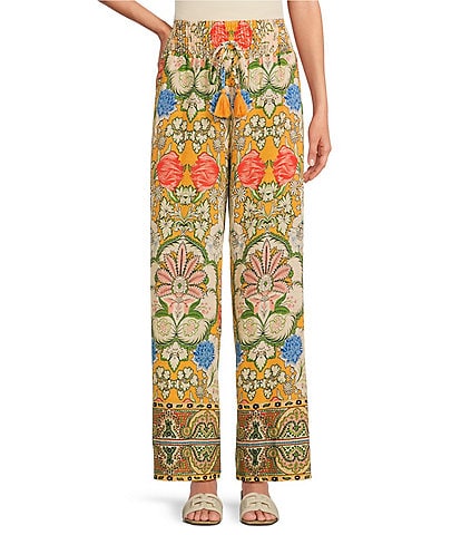 A Loves A Woven Floral Print High Rise Smocked Waist Tassel Tie Wide Leg Coordinating Pants