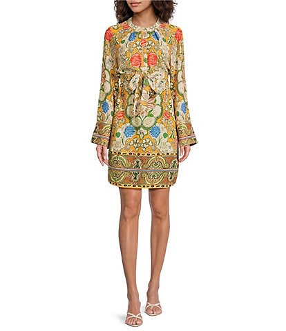 A Loves A Woven Floral Print Mandarin Collar Long Bell Sleeve Tie Waist Mini Shirt Dress