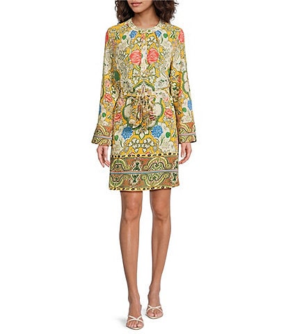 A Loves A Woven Floral Print Mandarin Collar Long Bell Sleeve Tie Waist Mini Shirt Dress