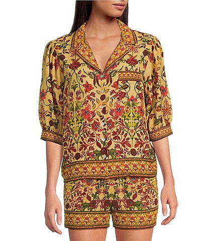 A Loves A Woven Floral Print Notch Lapel 3/4 Bubble Sleeve Button Front Coordinating Camp Shirt