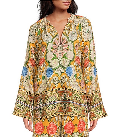 A Loves A Woven Floral Print Split Round Neck Long Bell Sleeve Coordinating Blouse