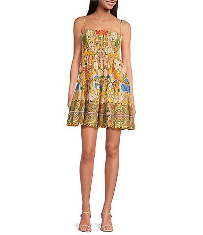 A Loves A Woven Floral Print Sqaure Neck Spaghetti Strap Smocked Bodice Tiered A-Line Flounce Mini Dress