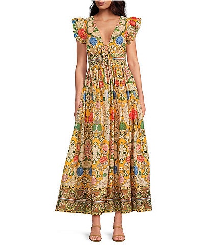 A Loves A Woven Floral Print Tie V-Neck Flutter Cap Sleeve A-Line Flounce Maxi Dress