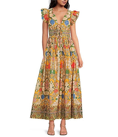 A Loves A Woven Floral Print Tie V-Neck Flutter Cap Sleeve A-Line Flounce Maxi Dress