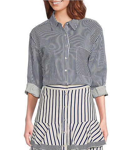 A Loves A Woven Long Sleeve Point Collar Button Front Blouse