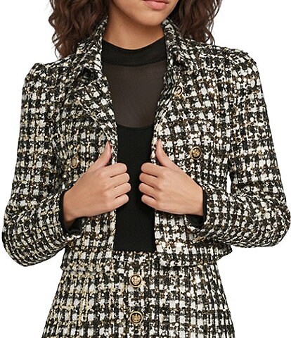 A Loves A Woven Metallic Houndstooth Point Collar Long Sleeve Button Front Cropped Coordinating Blazer