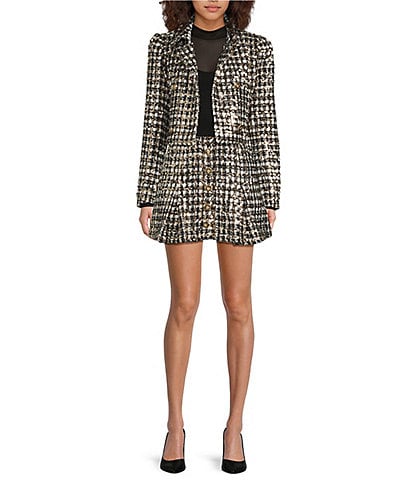 A Loves A Woven Metallic Houndstooth Point Collar Long Sleeve Button Front Cropped Coordinating Blazer