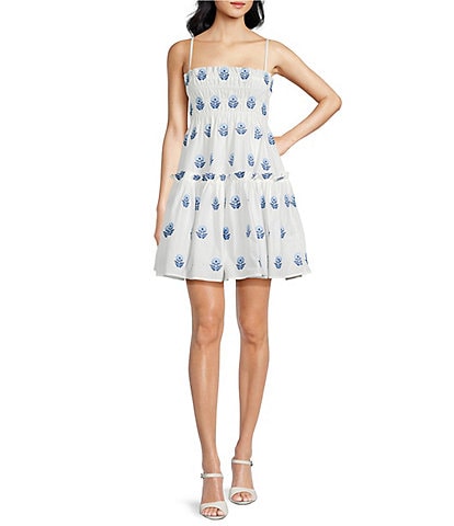 A Loves A Woven Paisley Embroidery Square Neck Spaghetti Strap Smocked Bodice Tiered A-Line Flounce Mini Dress