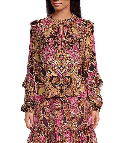 A Loves A Woven Paisley Print Ruffled Crew Neck Long Sleeve Coordinating Blouse