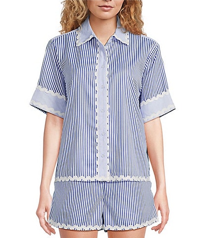 A Loves A Woven Ric Rac Trim Stripe Point Collar Scallop Hem Button Front Coordinating Shirt