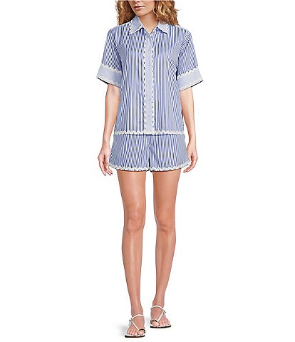 A Loves A Woven Ric Rac Trim Stripe Point Collar Scallop Hem Button Front Coordinating Shirt