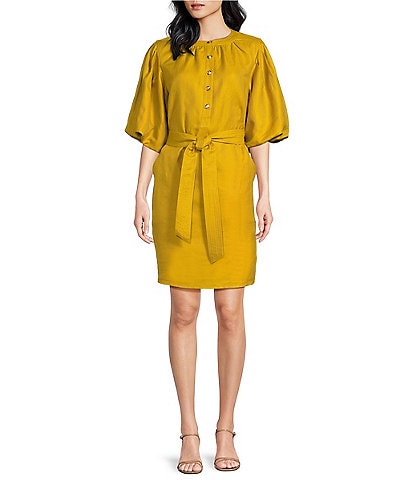 A Loves A Woven Ruched Crew Neck Short Bubble Sleeve Button Front Tie Waist Sheath Mini Dress