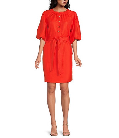 A Loves A Woven Ruched Crew Neck Short Bubble Sleeve Button Front Tie Waist Sheath Mini Dress