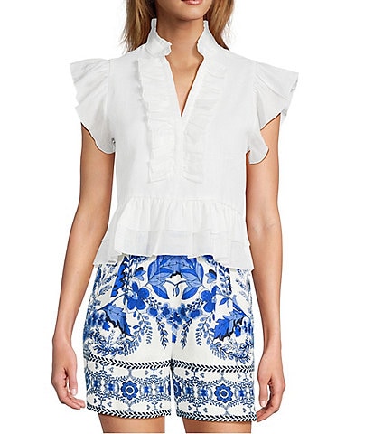 A Loves A Woven Ruffle Collar Split V-Neck Flutter Cap Sleeve Cropped Blouse