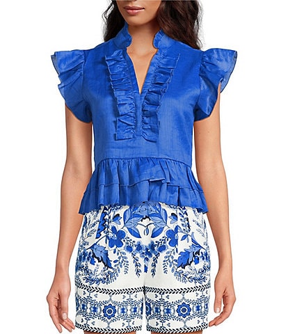 A Loves A Woven Ruffle Collar Split V-Neck Flutter Cap Sleeve Cropped Blouse