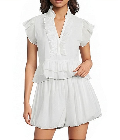 A Loves A Woven Ruffle Collar Split V-Neck Flutter Cap Sleeve Cropped Blouse