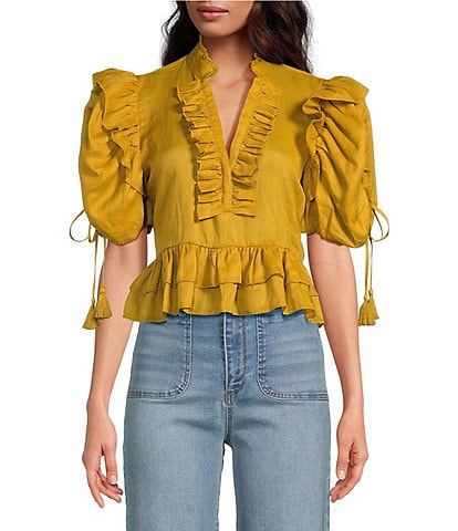 A Loves A Woven Ruffle Split V-Neck Short Bubble Sleeve Cropped Flounce Blouse