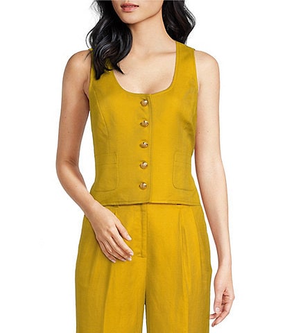 A Loves A Woven Scoop Neck Embellished Button Front Sleeveless Cropped Coordinating Vest