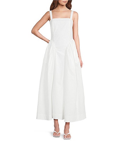 A Loves A Woven Square Neck Sleeveless Straps Drop Waist Smocked Backing Ruched Sides A-Line Maxi Dress