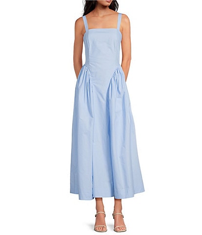 A Loves A Woven Square Neck Sleeveless Straps Drop Waist Smocked Backing Ruched Sides A-Line Maxi Dress