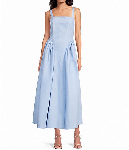 A Loves A Woven Square Neck Sleeveless Straps Drop Waist Smocked Backing Ruched Sides A-Line Maxi Dress