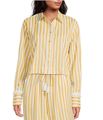 A Loves A Woven Stripe Point Collar Button Front Long Sleeve Fringe Cuff Cropped Coordinating Shirt