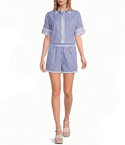 A Loves A Woven Striped Collared Short Sleeve Button Front Coordinating Shirt