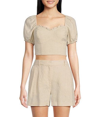 A Loves A Woven Sweetheart Neck Short Sleeve Cropped Linen Coordinating Top