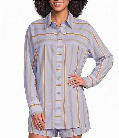 A.Ren Bryce Striped Button Down Collar Neck Long Sleeve Coordinating Woven Shirt Top