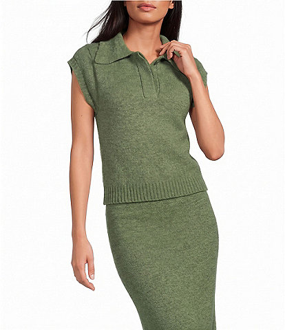 A.Ren Charlene Collared Neck One Button Short Sleeve Coordinating Sweater Knit Top