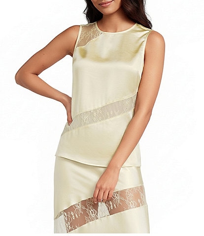A.Ren Sabrin Crew Neckline Sleeveless Asymmetrical Lace Design Coordinating Satin Top