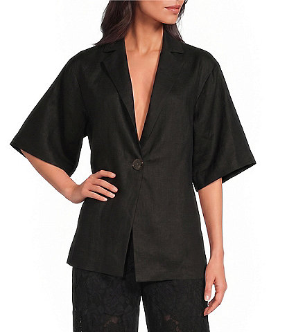A.Ren Winslet Collared V-Neck Short Sleeve Button Front Linen Shirt