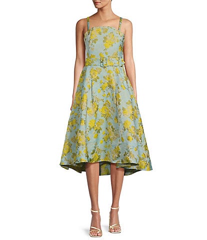 Abbey Glass Annabelle Floral Sqaure Neck Sleeveless Side Pocket Belted High-Low A-Line Dress