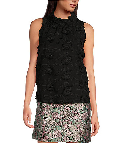 Abbey Glass Barbara Ruffle Mock Neck 3D Floral Detail Sleeveless Top