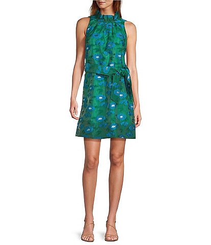 Abbey Glass Betty Ruffle Mock Neck Tie Waist Floral Mini Dress
