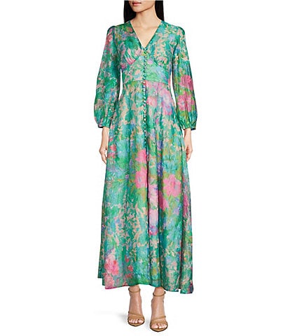 Abbey Glass Brooke Watercolor Floral Long Sheer Sleeve V-Neck Maxi Dress