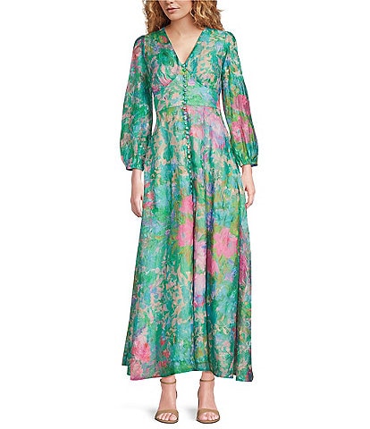 Abbey Glass Brooke Watercolor Floral Long Sheer Sleeve V-Neck Maxi Dress