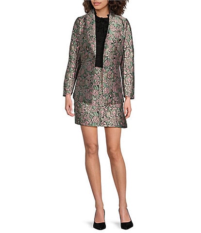 Abbey Glass Calvin Floral Jacquard Notch Lapel Button Front Double Breasted Blazer & Jacquard High Rise Button Front Skirt