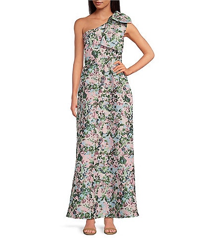 Abbey Glass Caroline Asymmetrical Neck Sleeveless Bow One Shoulder Bow Floral Jacquard Pocketed A-Line Dress