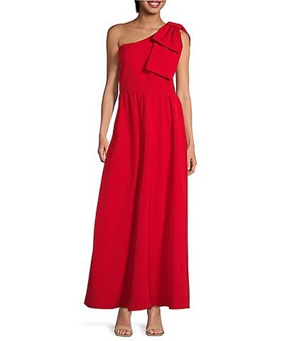 Abbey Glass Caroline Organza Asymmetrical Neck Sleeveless Bow One Shoulder Bow Pocketed A-Line Gown