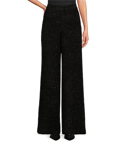 Abbey Glass Carter Boucle Tweed Wide Leg Flat Front Thick High Waistband Trouser Pants