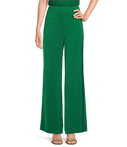 Abbey Glass Carter Stretch Crepe Wide Leg Flat Front Thick High Waistband Trouser Pants