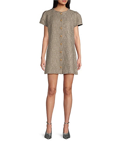 Abbey Glass Ellen Sparkle Tweed Round Neck Short Sleeve Mini A-Line Dress