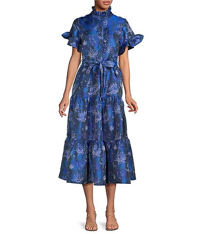 Abbey Glass Floral Print Sadie Ruffle Stand Collar Short Sleeve Tie Waist Tiered Pocketed Midi Dress
