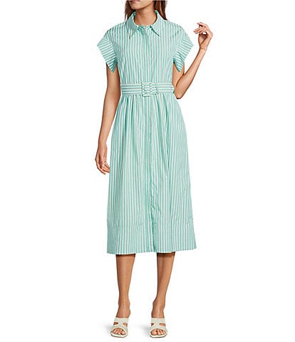 Abbey Glass Harper Stripe Print Button Down Collar Short Sleeve Popline Dress