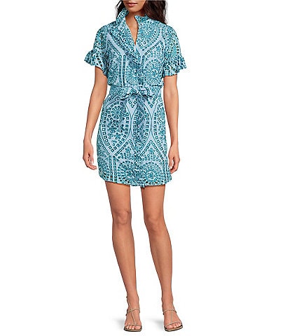 Abbey Glass Katie Button Down Collar Short Sleeve Eyelet Mini Shirt Dress